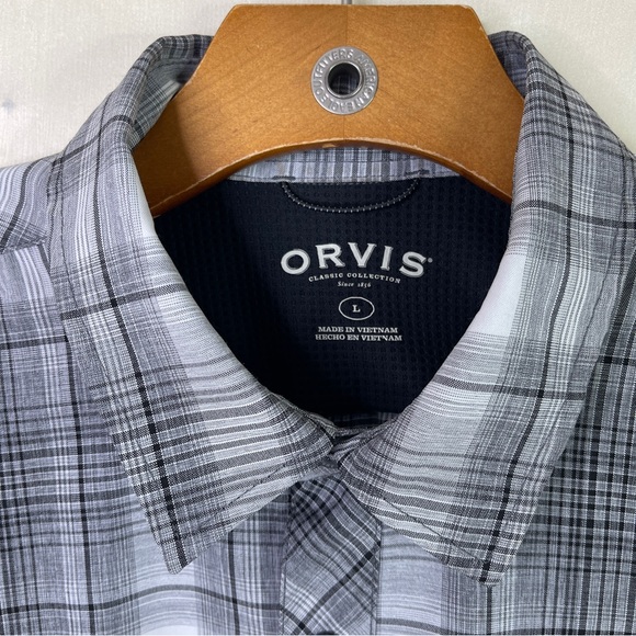 ORVIS Men’s Short Sleeve Black Gray & White Plaid Shirt Size L 100% Polyester - Picture 4 of 11